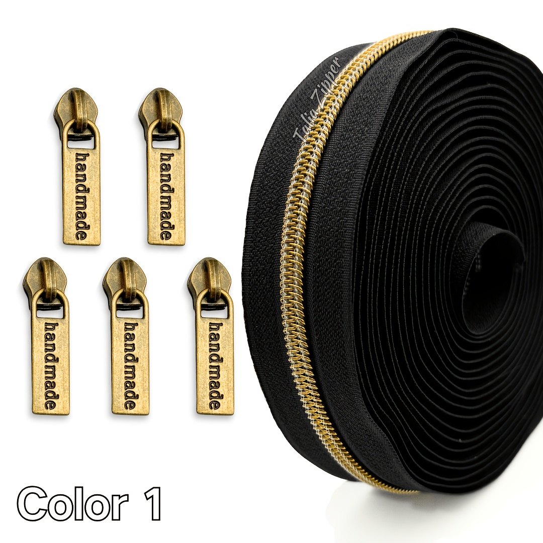 TEMU 5 Yards Nylon Bronze Tooth Zipper Different Colors With 5pcs ''hand Made " Zipper Pull Suitable For Bag, Pocket, Clothing, Diy Wallet Making,