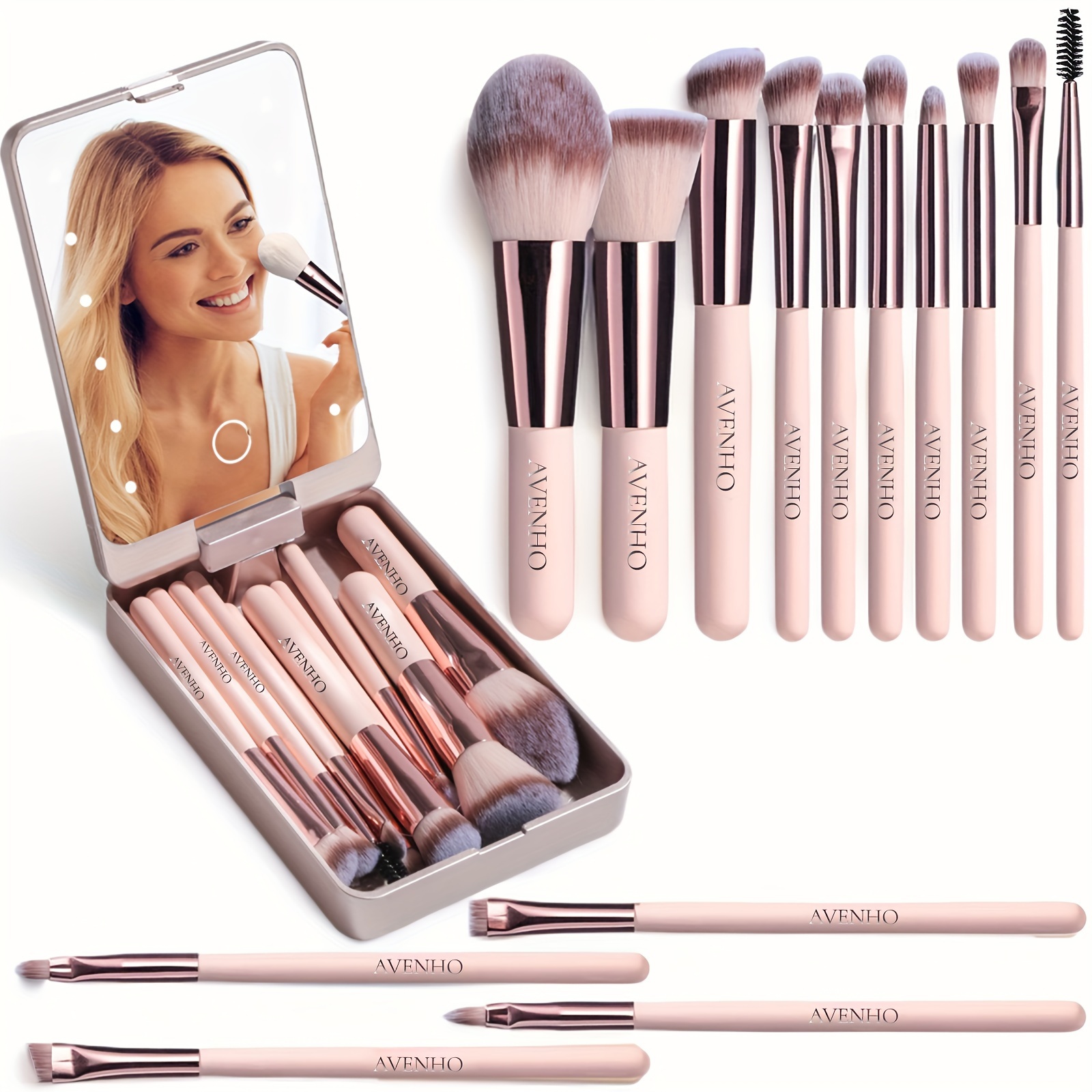 

Usb Plug-in Portable Travel Makeup Brush Set 14 Pcs With Led Light Mirror Foundation, Makeup Tool For Traveling, Powder Concealers Eye Shadows Makeup Set Gift (pink)