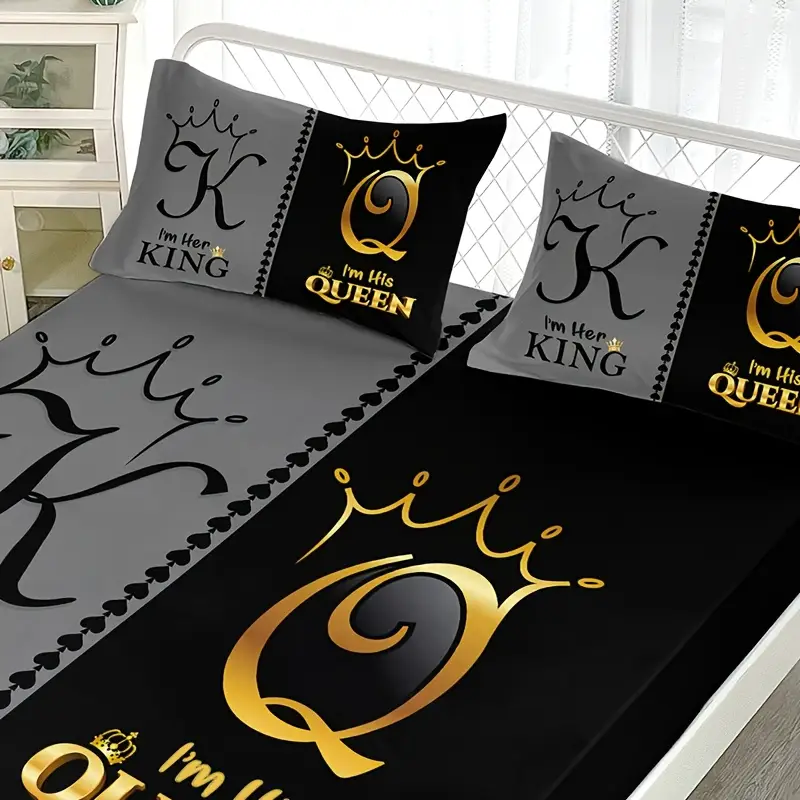 3pcs king queen themed bedding set 100 polyester microfiber breathable machine washable fitted sheet and 2 pillowcases high definition bedroom decor Product details 6