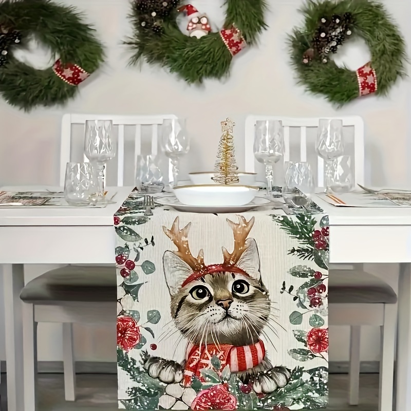 

Christmas Cat Print Table Runner - Durable Polyester, Perfect For Holiday Dining & Outdoor Garden Parties