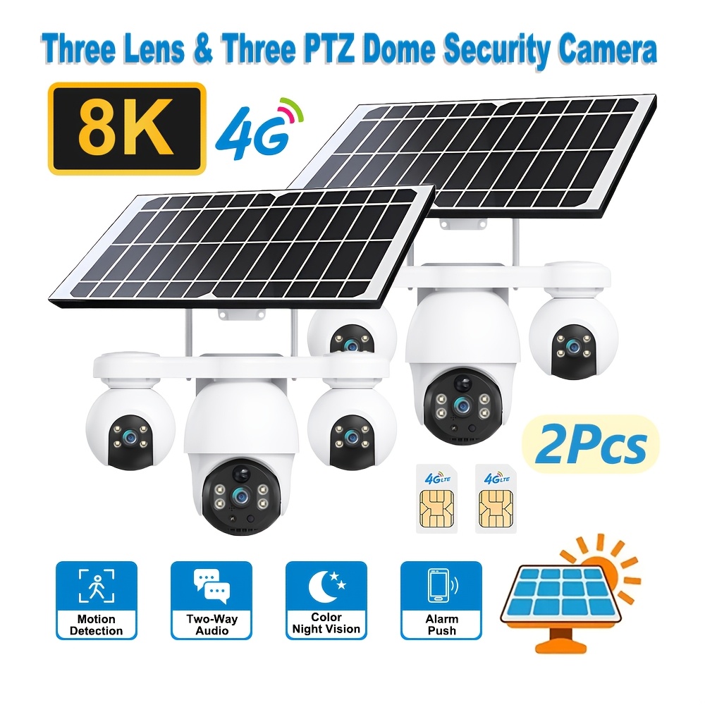 TEMU 2pcs 8k 4g Outdoor Solar-powered Security Camera With And Three-view, Cctv Video Surveillance, Ptz 360° Pan/tilt Rotation, Motion Tracking, Pir