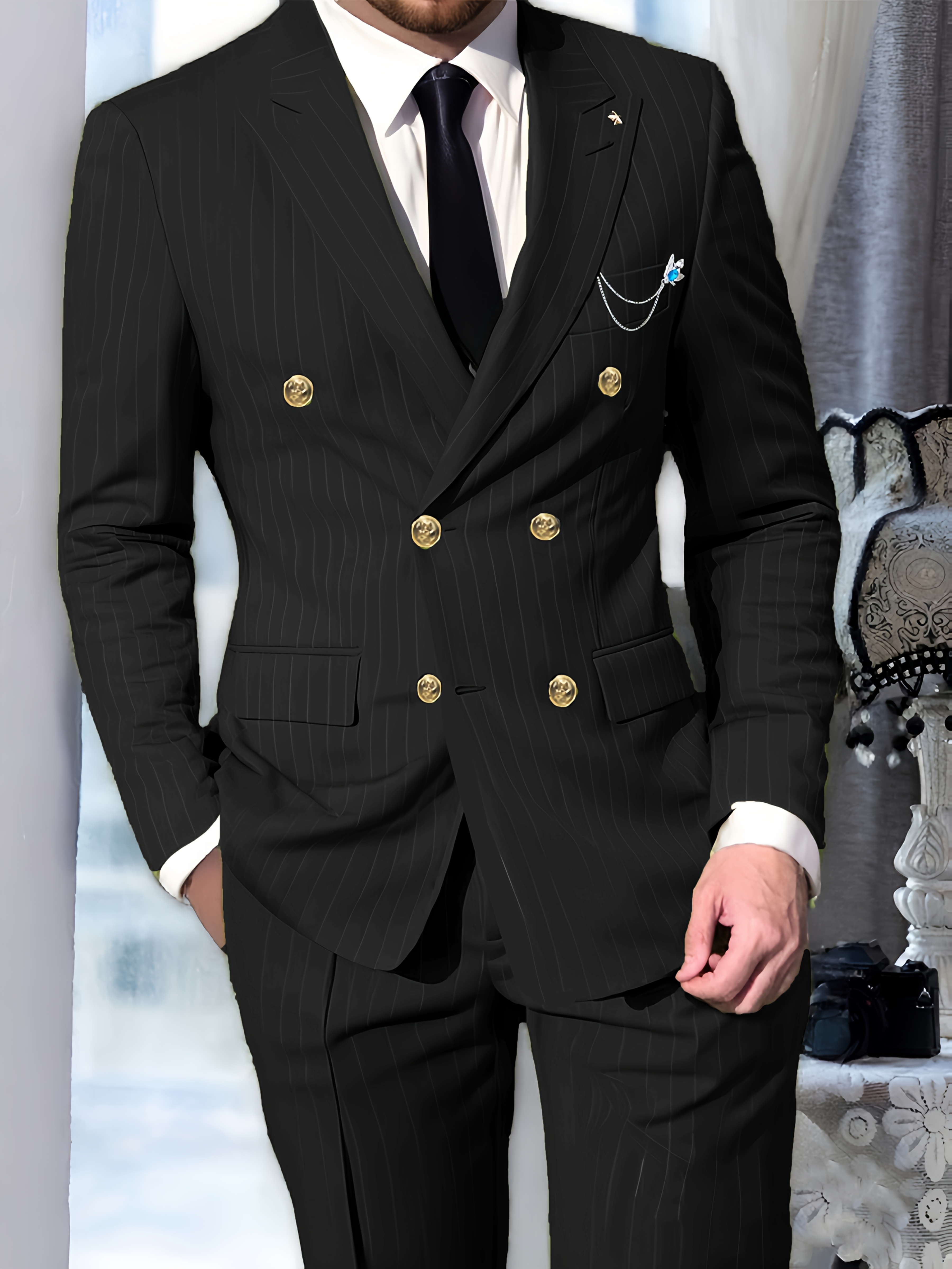 スーツ remake stripe design double set up  suit ZHOUYOPINPAI 2 Piece Striped Suit Mens Black Suits Double