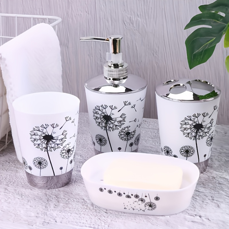 

4pcs Dandelion Bathroom Set In White & Black - Includes Soap Dispenser, 2 Cups, And Storage Tray - Ideal For Gifting & Home Decor Enhancement