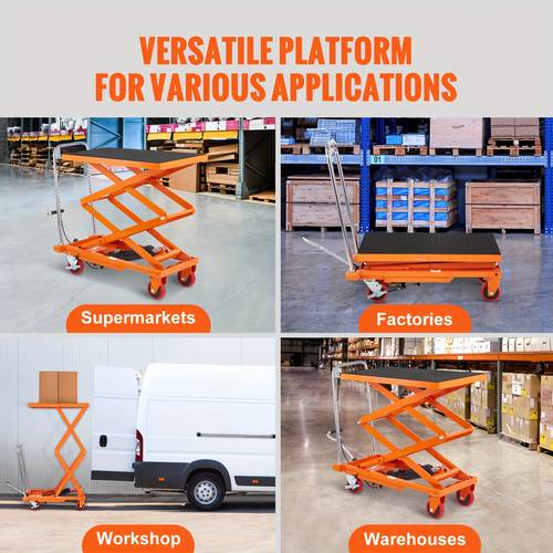 4 inch hydraulic lift table cart 330lbs capacity 50 lifting height manual double scissor design with non slip wheels durable metal construction for safe material handling and transportation