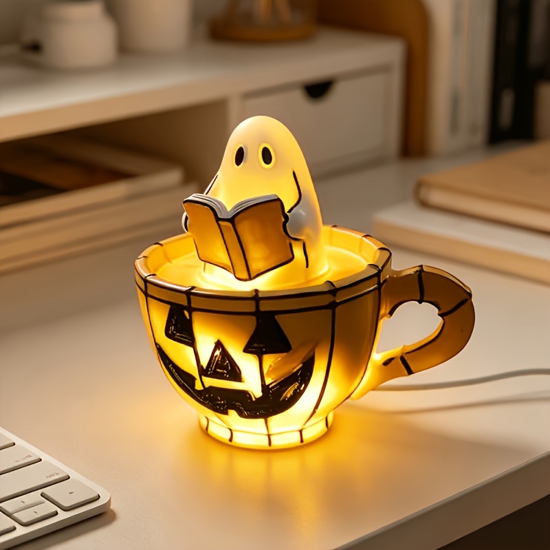 TEMU Pumpkin Cup Halloween Night Light, Cute Resin Reading Ornament, Warm And Soft Light, Bedroom/desk Bedside Lamp, Sleep Companion, Warm Autumn