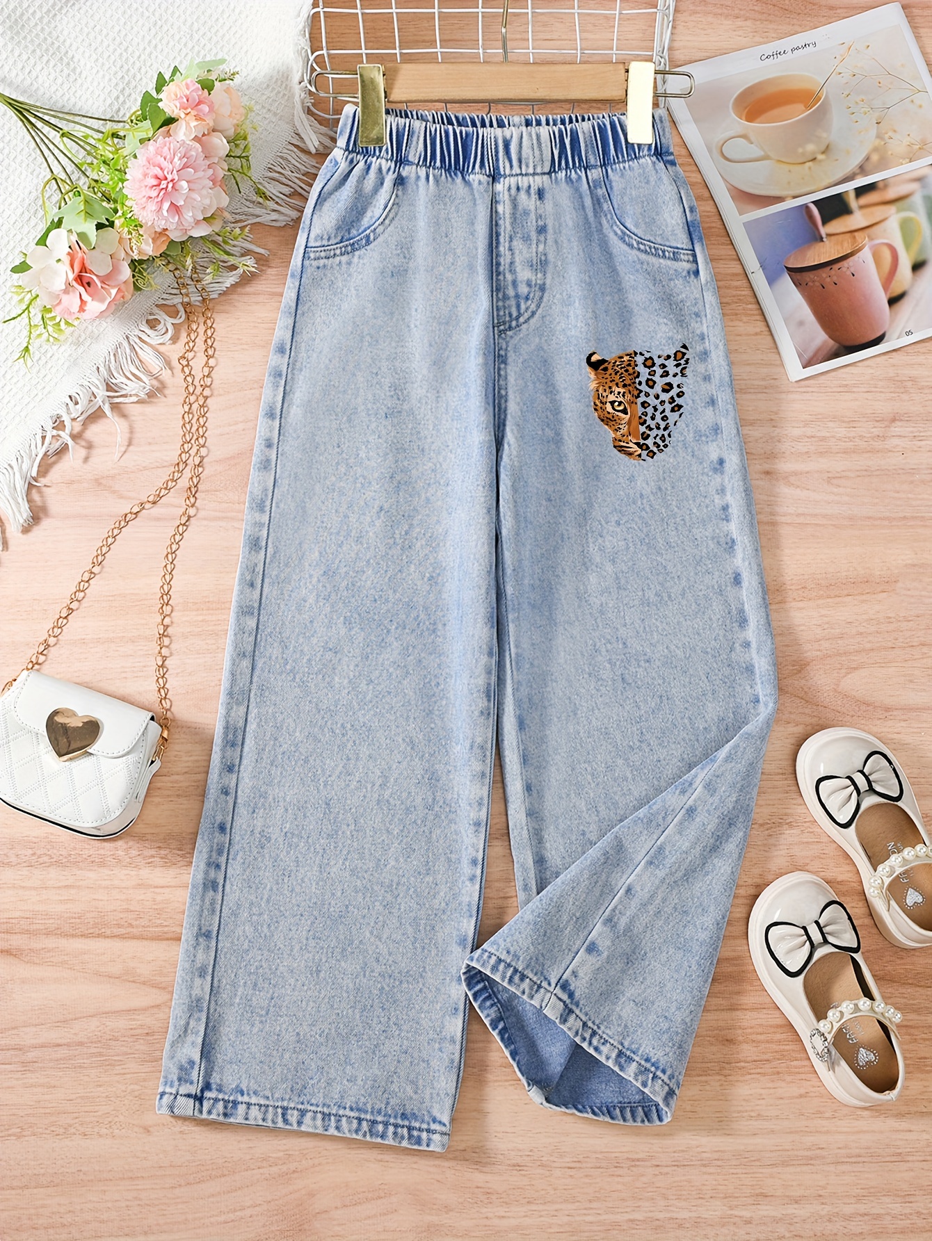 distressed jeans leopard print patch bear pocket wide leg Temu