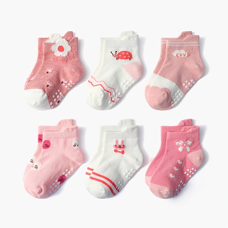 TEMU 6 Pairs Girls Socks Cartoon Stripe Pattern Non-slip Floor Socks For Kids Baby Toddler