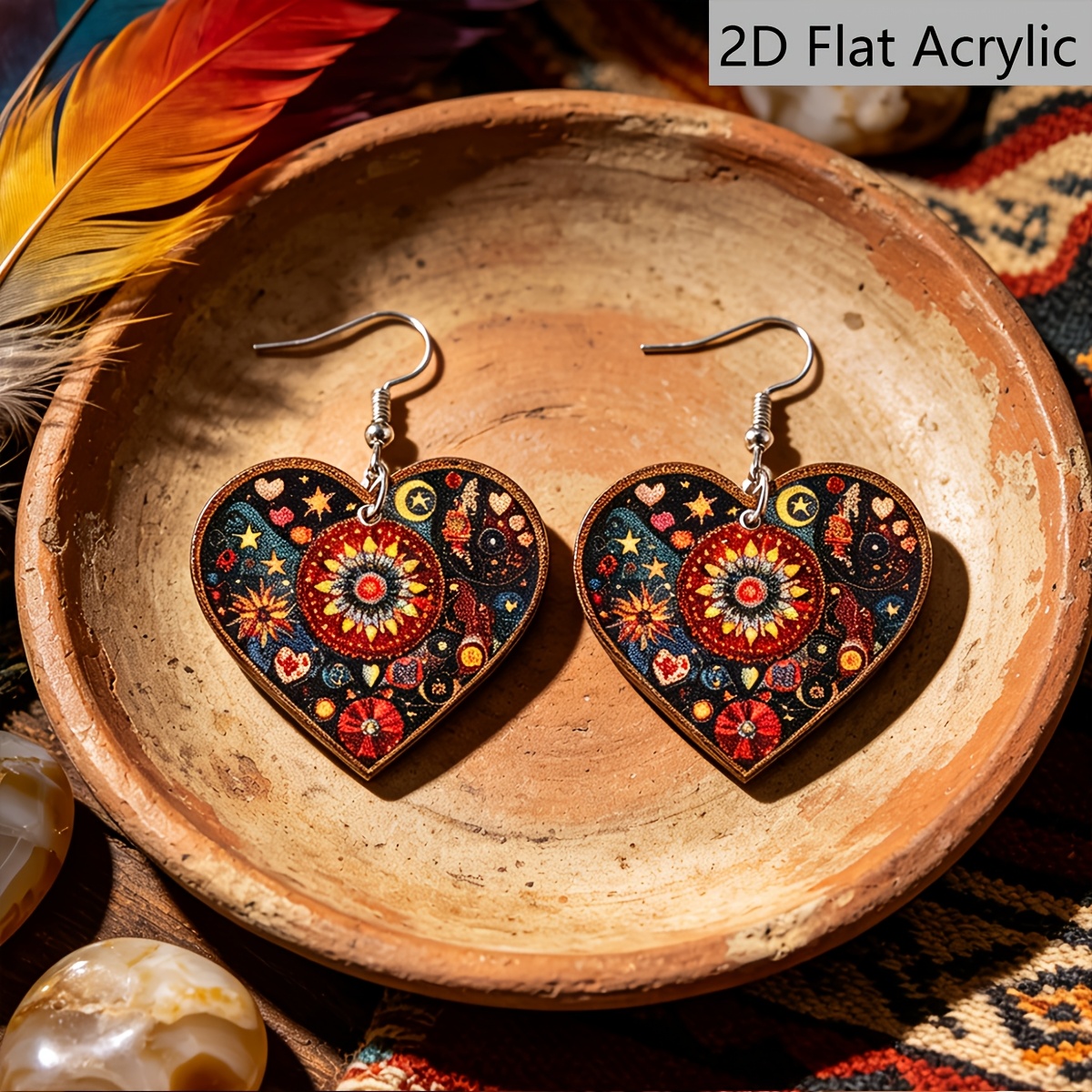 TEMU 2d Flat, A Pair Of 2d Flat Bohemian-style Earrings Featuring , Moon, Flower, Geometric, And Heart Pendant Designs. Women's Acrylic Ethnic-style