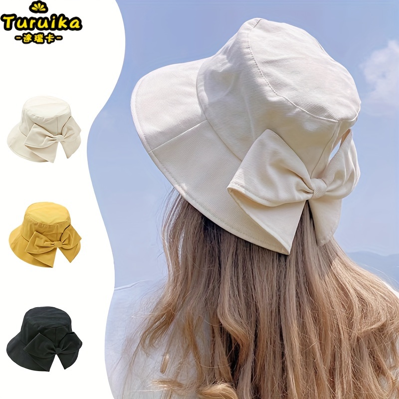 

Women's Wide Brim Sun Hat, Summer Bucket Hat With Large Bow, Audrey Uv Protection, Foldable, Breathable Cotton, Versatile Outdoor Cap