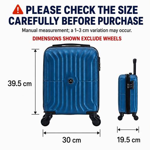 Ryanair, aerolínea de , las regulaciones de la UE permiten equipaje de cabina con de 40x30x20 cm. Maleta de mini fresca y minimalista con ruedas desmontables, asa retráctil, ruedas giratorias de , candado de combinación y por la TSA para el . Un