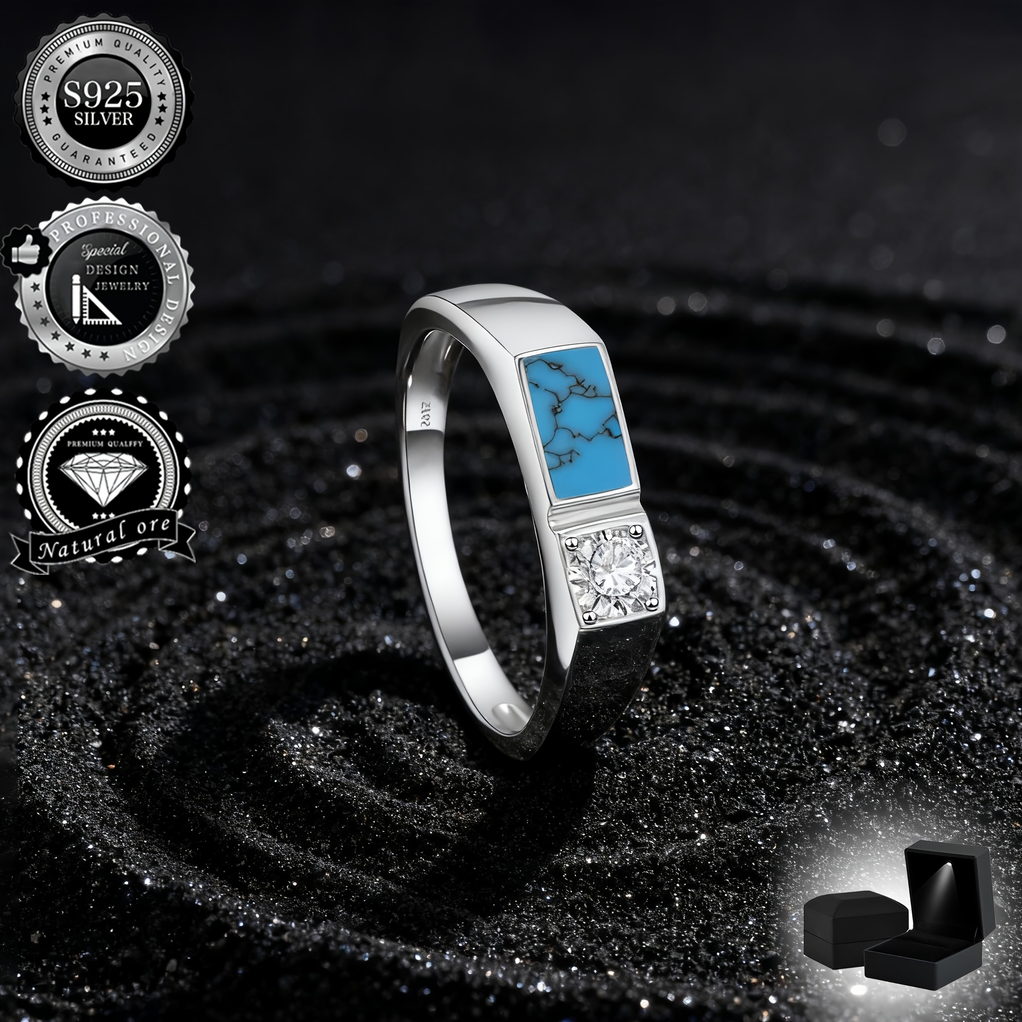 S925 925 Silvery Plated Ring, Sleek Rectangular Turquoise& Sparkling Accents, Modern , Hypoallergenic, Ideal For Daily Wear, Holiday Gifting, Perfect For Men, Boyfriend, Father( With Gift Box)