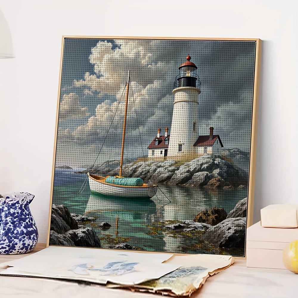 Cross Stitch Kit Featuring Lighthouse and Boat by the Shore