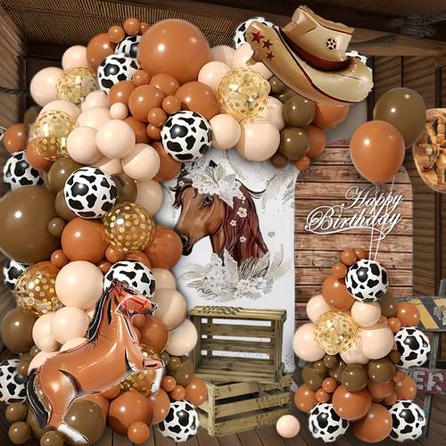 a set of 110 balloons in a khaki and coffee color scheme featuring a theme including foil balloons shaped like brown horses and cowboy hats suitable for events birthdays farm and outdoor parties