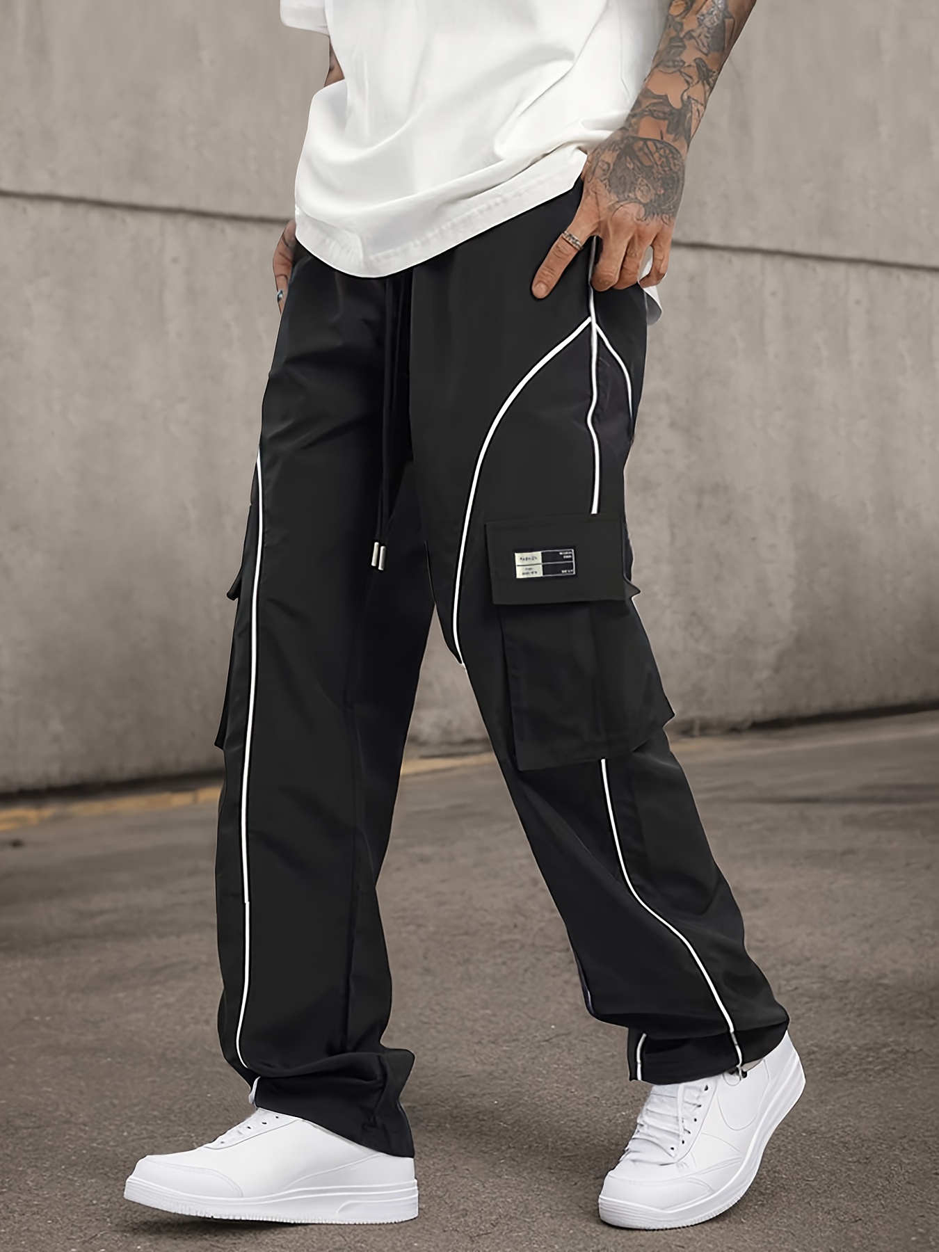 *'s Y2K-Inspired Black Cargo Pants with White Stripe Accents, Drawstring  Waist, and Side Pockets Durable Polyester, Casual Loose