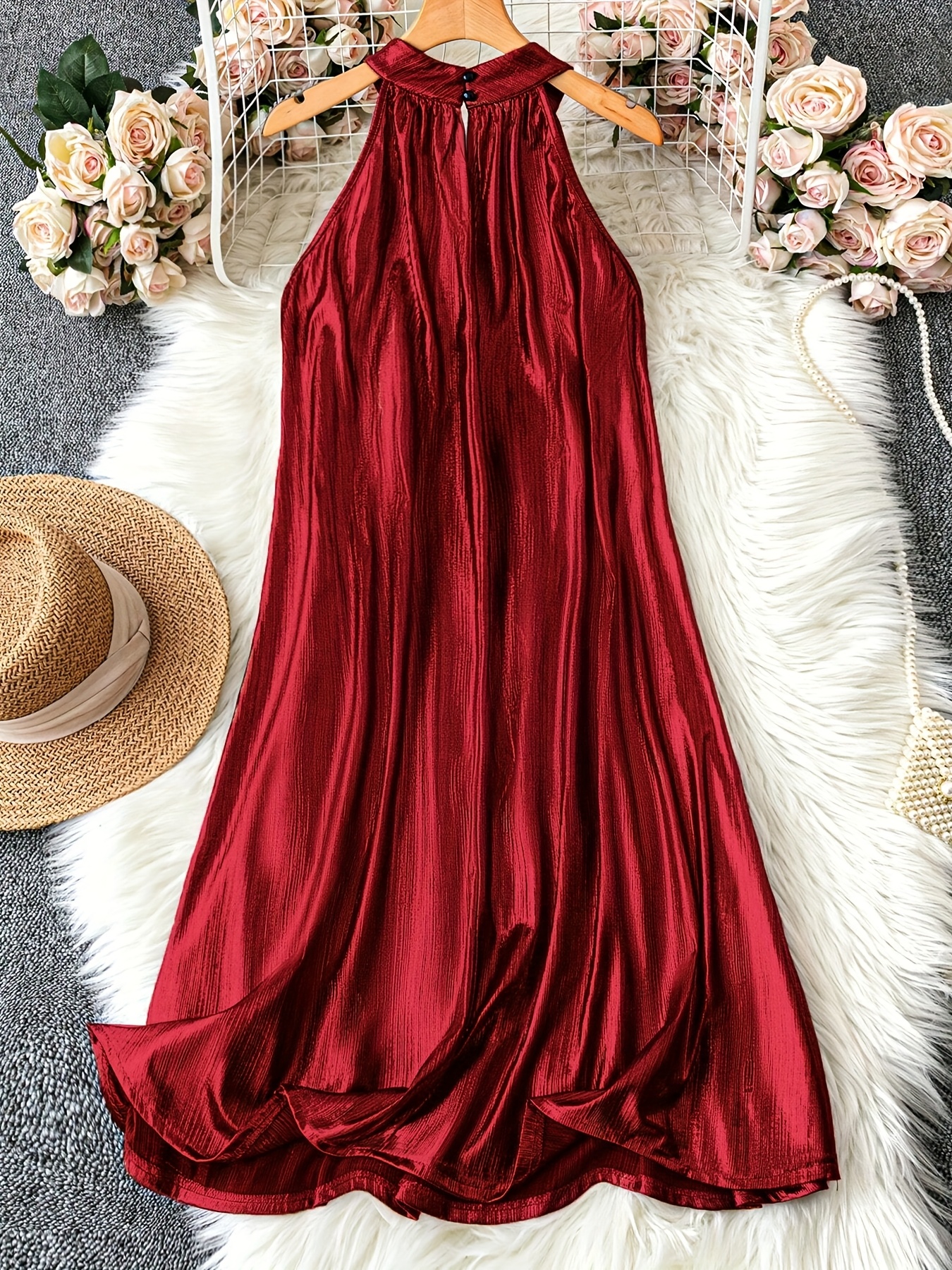 Plus Size Maroon Halter Neck Dress Plus Size Plus Size A Stylish And  Elegant Sleeveless Dress With A Halter Neck, Featuring Directional Solid  Color Sequins And P