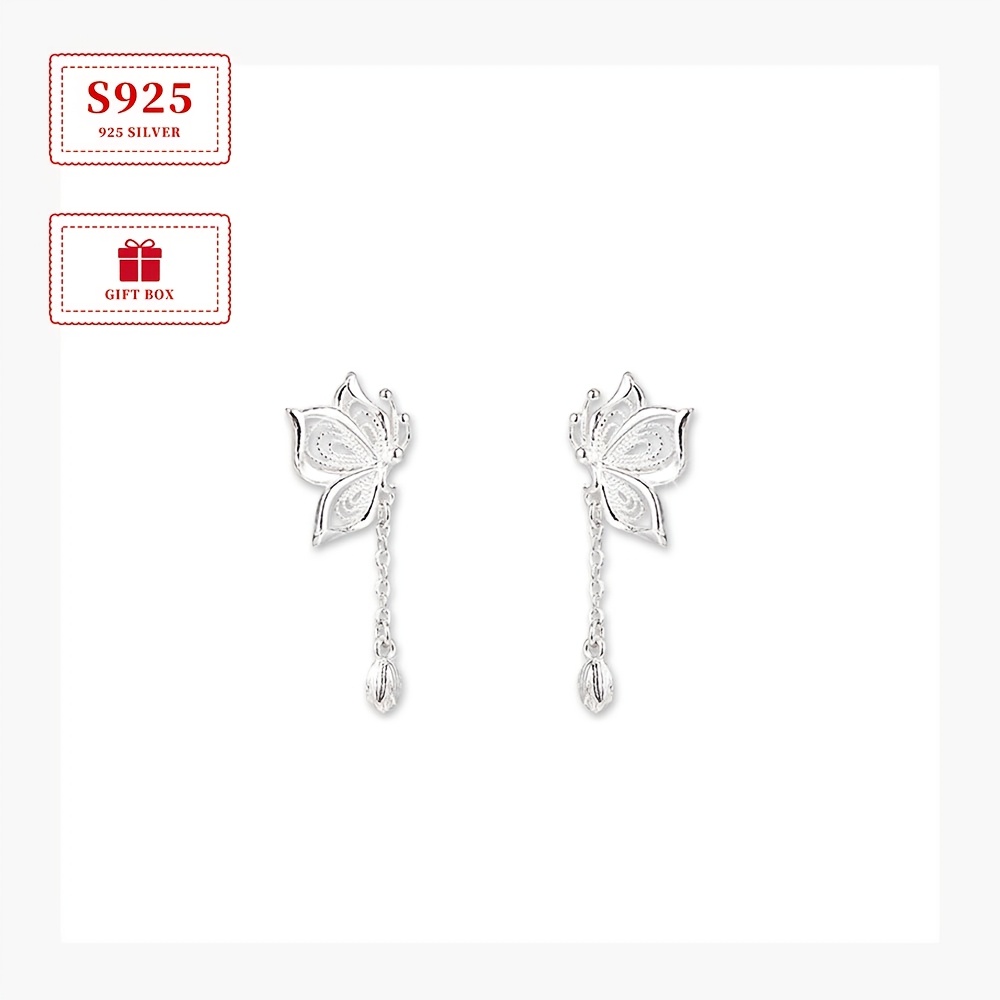 TEMU Lot de 2 boucles d'oreilles à pompon avec chaîne de creux et papillon en argent sterling 925, adaptées pour les quotidiennes, le meilleur cadeau