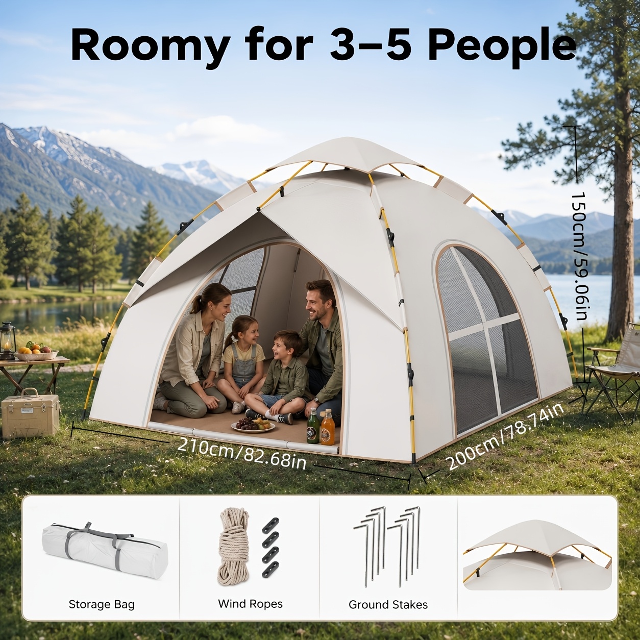 Image of Automatic Quick-open Camping Tent, 2-3 Person/3-5 Person , Silvery Glue Coated 210d Oxford Cloth, High-density Net, Suitable For Camping, Beach, Hiking And Picnics