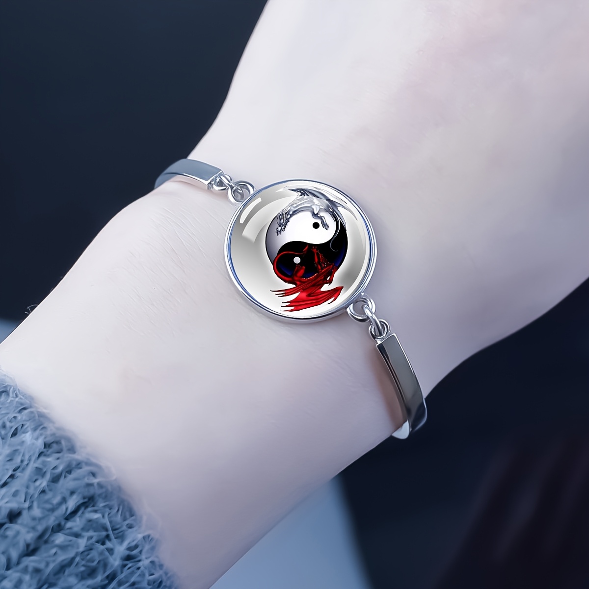 Yin Yang Dragon Design Glass Dome Adjustable Bracelet