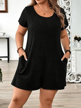 womens plus size solid color sport round neck short sleeve jumpsuit casual comfortable breathable