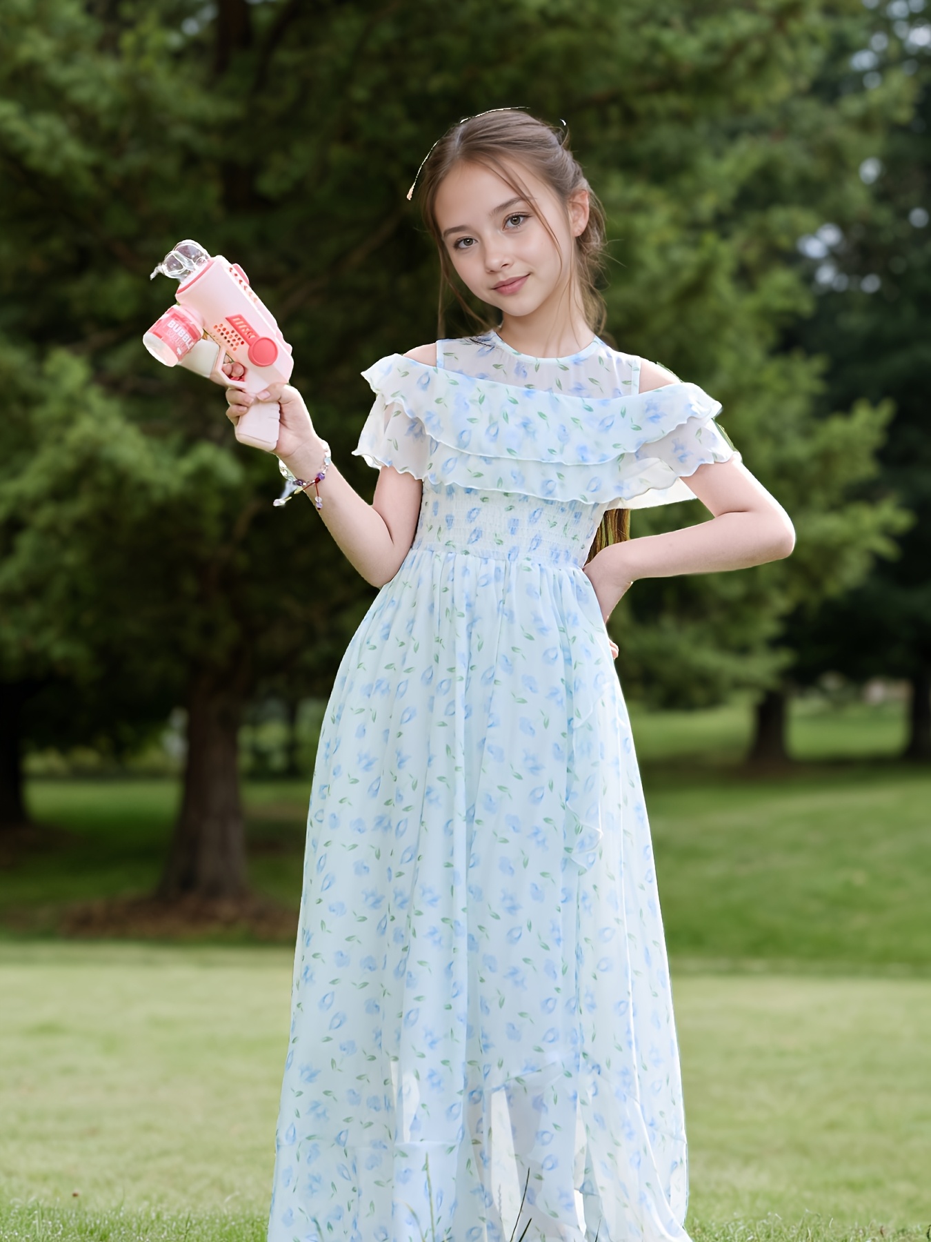 girls country style shoulder floral print dress lightweight - Temu Bahrain