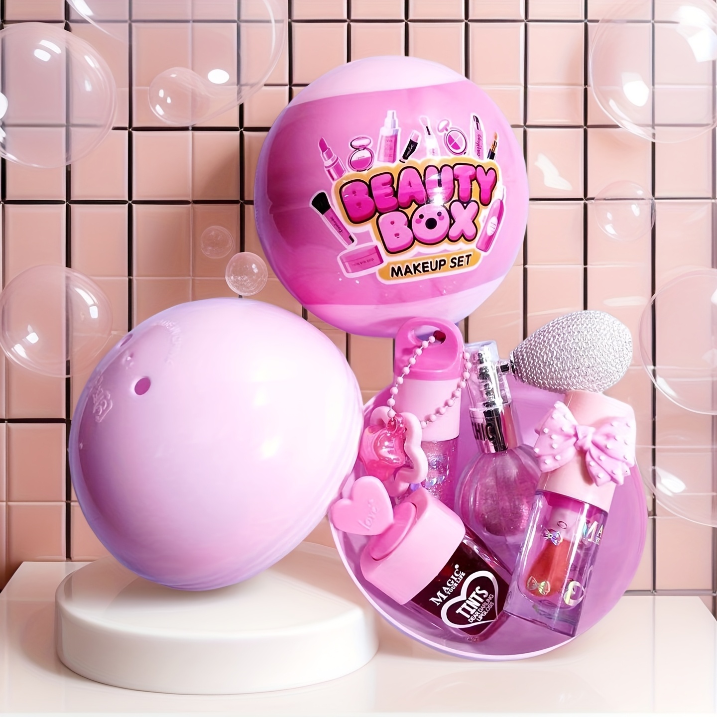 4pcs cosmetic gift set halloween pumpkin balloon highlighter berry colored lip stain starry glitter lip gloss bow tie lip balm pink round ball gift box ideal for christmas wedding favors birthdays Product details 2