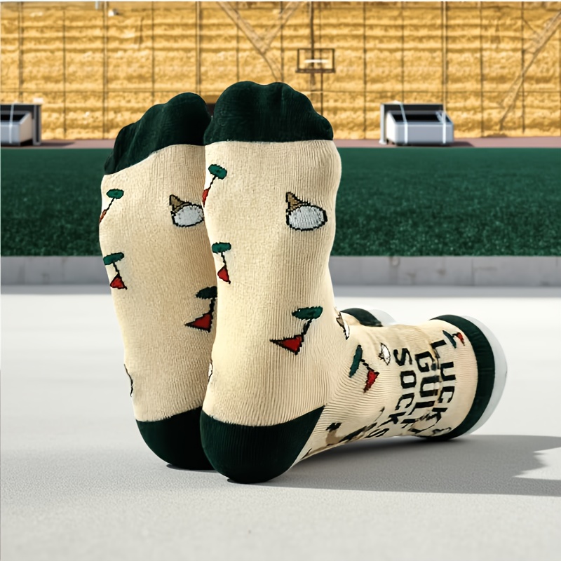 TEMU A Pc Of 1 Pair Of Men's Beige Patterned Golf Socks - Fun Mid-calf Socks Featuring Golf Balls And Flag Designs, Made From Breathable Material,