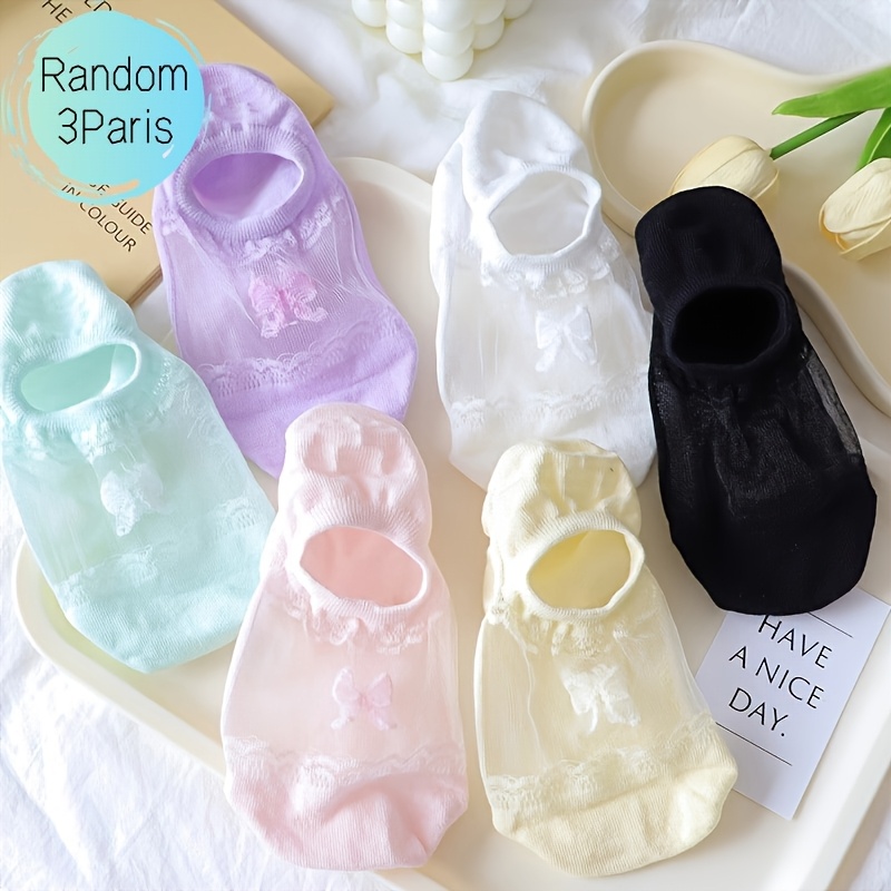 E-shop Zufällige 3 Paar Frühling/Sommer dünne, ätherische Spitzen-Schleifen-Eisfaser-Gewebe-Unsichtbare Socken, niedrig geschnittene Bootssocken,