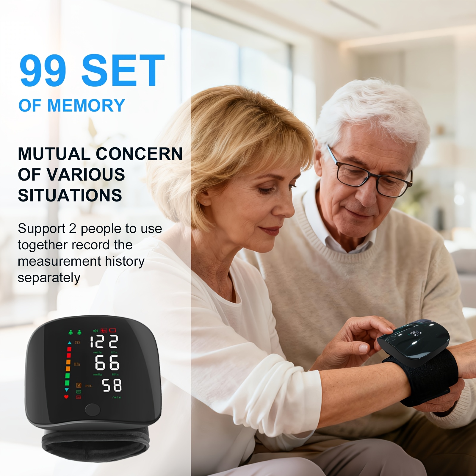 Automatic wrist blood pressure monitor, featuring an adjustable cuff, heart rate monitoring, irregular heartbeat alerts and a built-in rechargeable lithium battery. Suitable for blood pressure management in patients with hypertension.