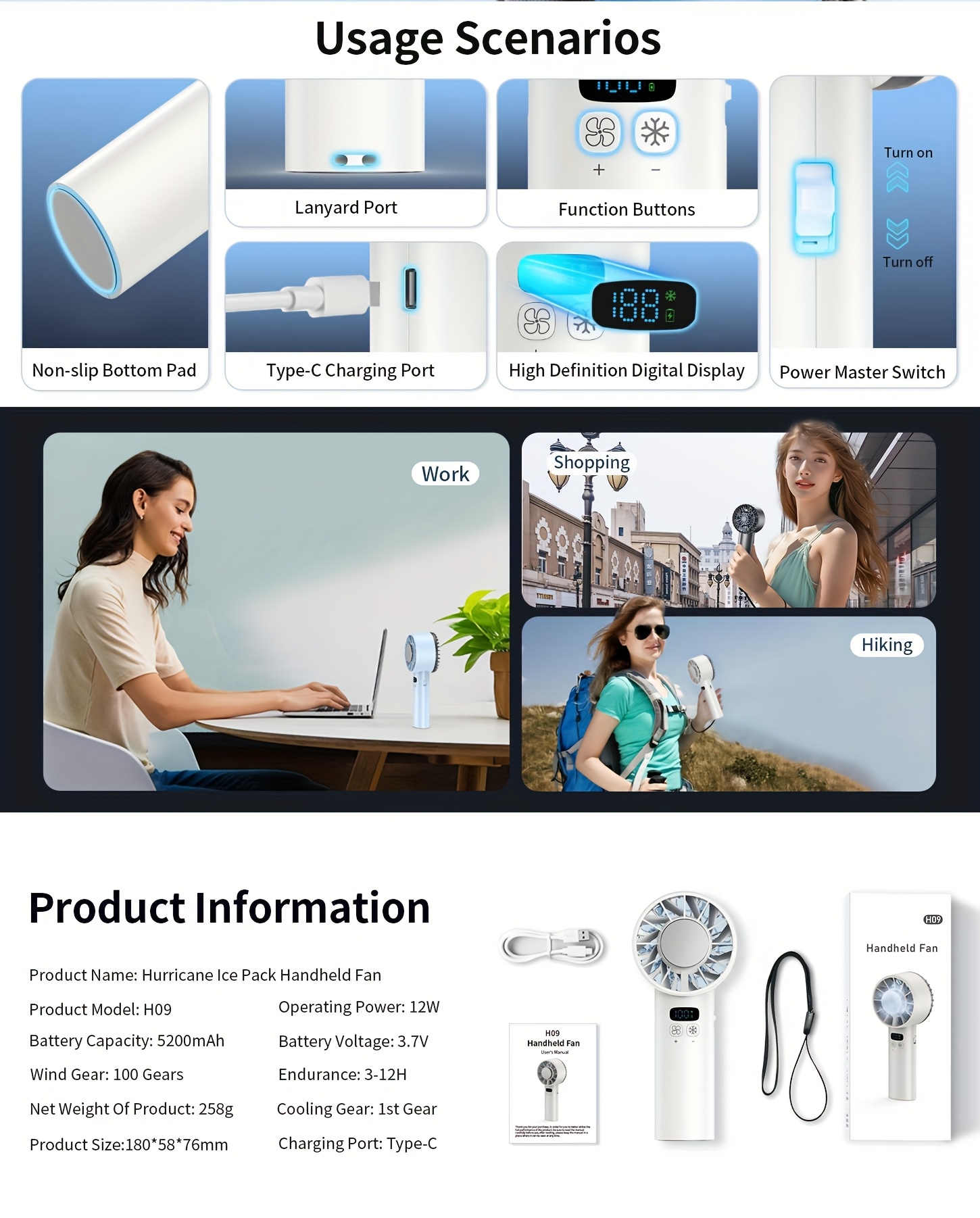1 Portable USB Rechargeable Hurricane Ice Pack Handheld Fan, 5200mAh, 100 Speeds, with Lanyard, Rechargeable Desktop Mini Fan, Outdoor Camping, Student, Sports, Office Cooling Tool, Ultra-Quiet, Super Strong Wind