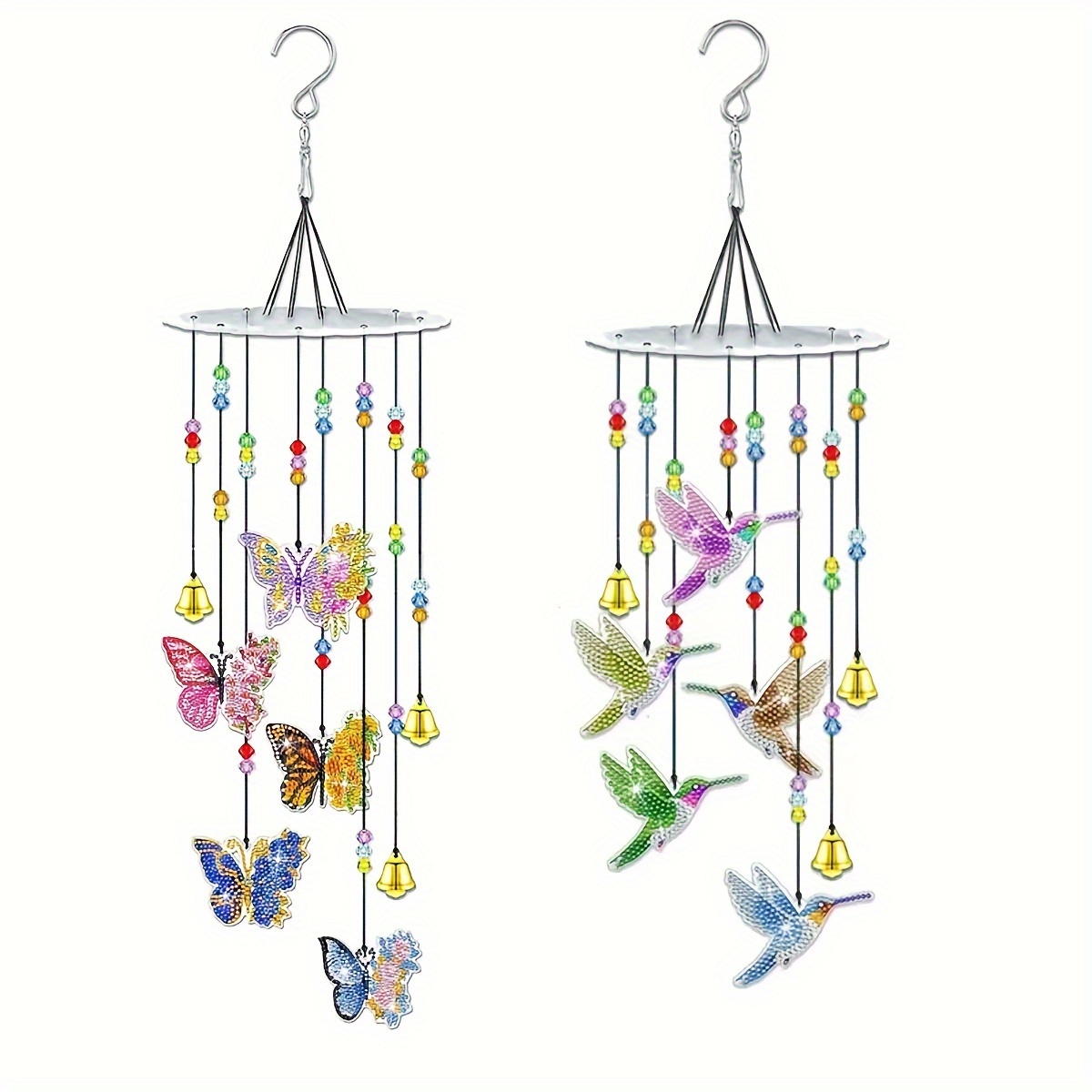 

2-pack Diy Diamond Painting Wind Chimes Kits With Irregular Diamonds, Acrylic Hummingbird & Butterfly Suncatchers - Handcrafted Double-sided Diamond Art Hanging Ornaments For Home & Garden Decor