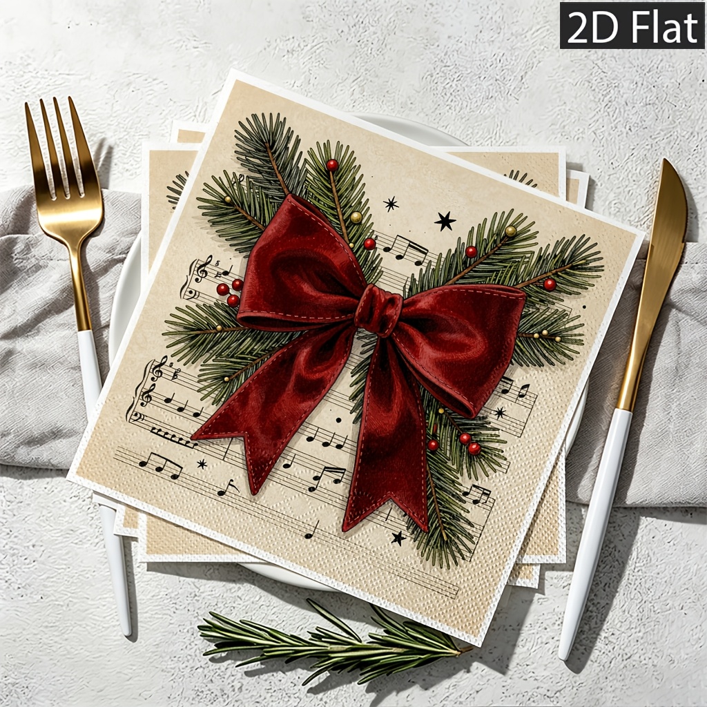 TEMU 2d Flat 20pcs Disposable Paper Napkins, 2-ply For Extra Durability, Branches Yellow Red Berries With Dark Bow Vintage Music Sheet Background,