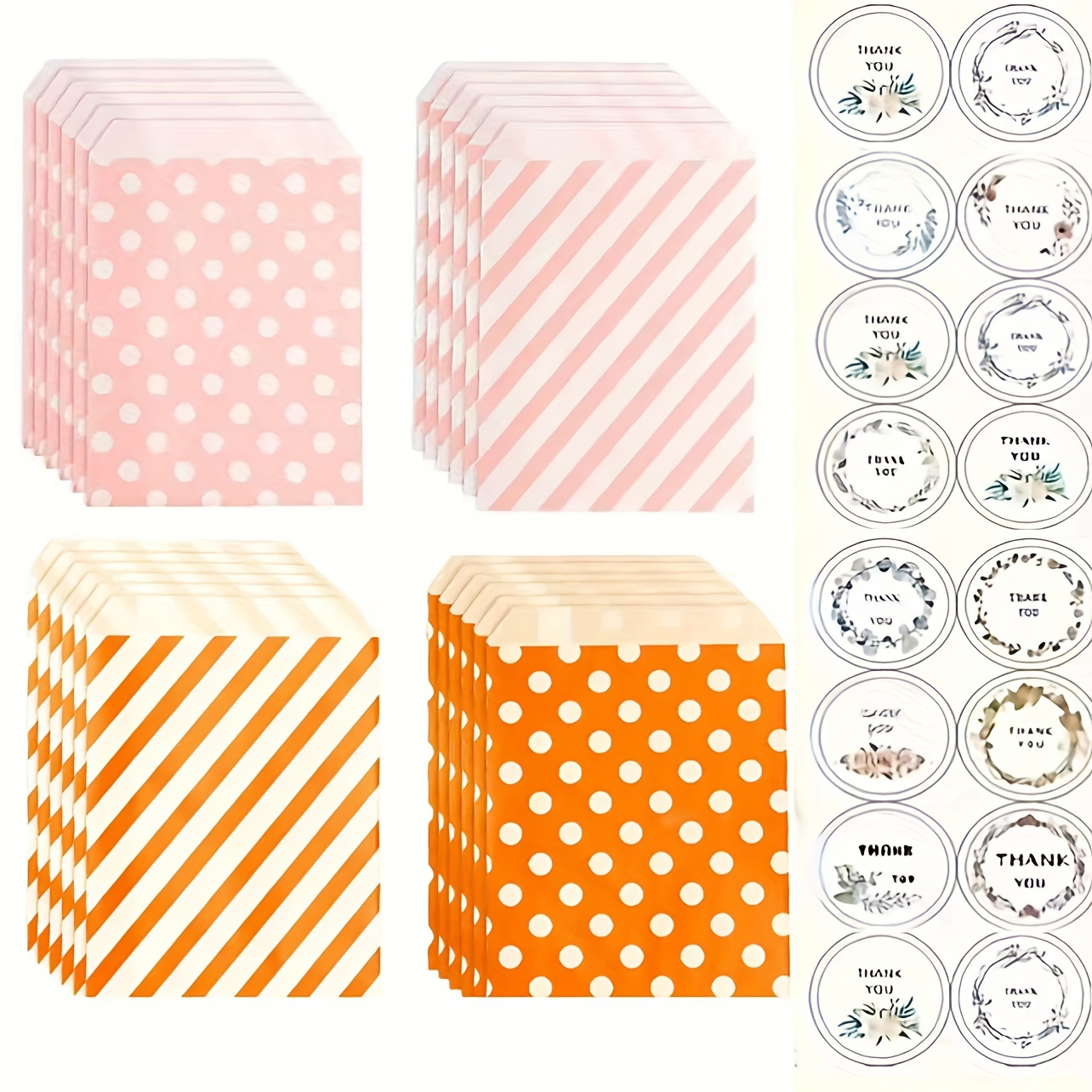 

44pcs Paper Gift Bags With Pink & Orange Polka Dot Striped Stickers, Semi- , Single Use, Rectangle Shape For Holiday Small Business Supplies