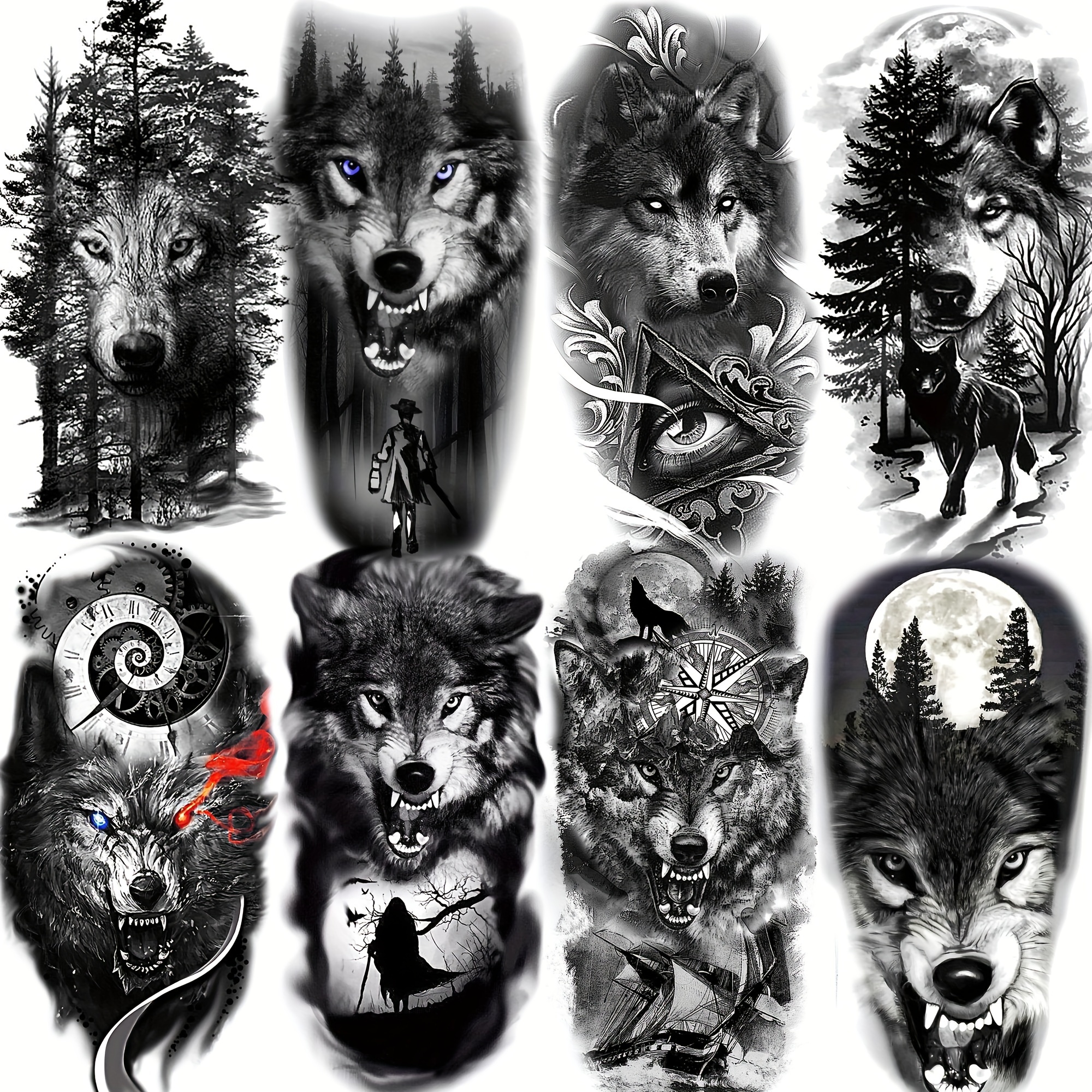 

8 Sheets Realistic Wolf Temporary Tattoos For Women Arm Legs Men Adults Legs, Tribal Black Coyotes Tattoo Stickers, Fake Waterproof Forest Wolf Tattoo Paste Paper