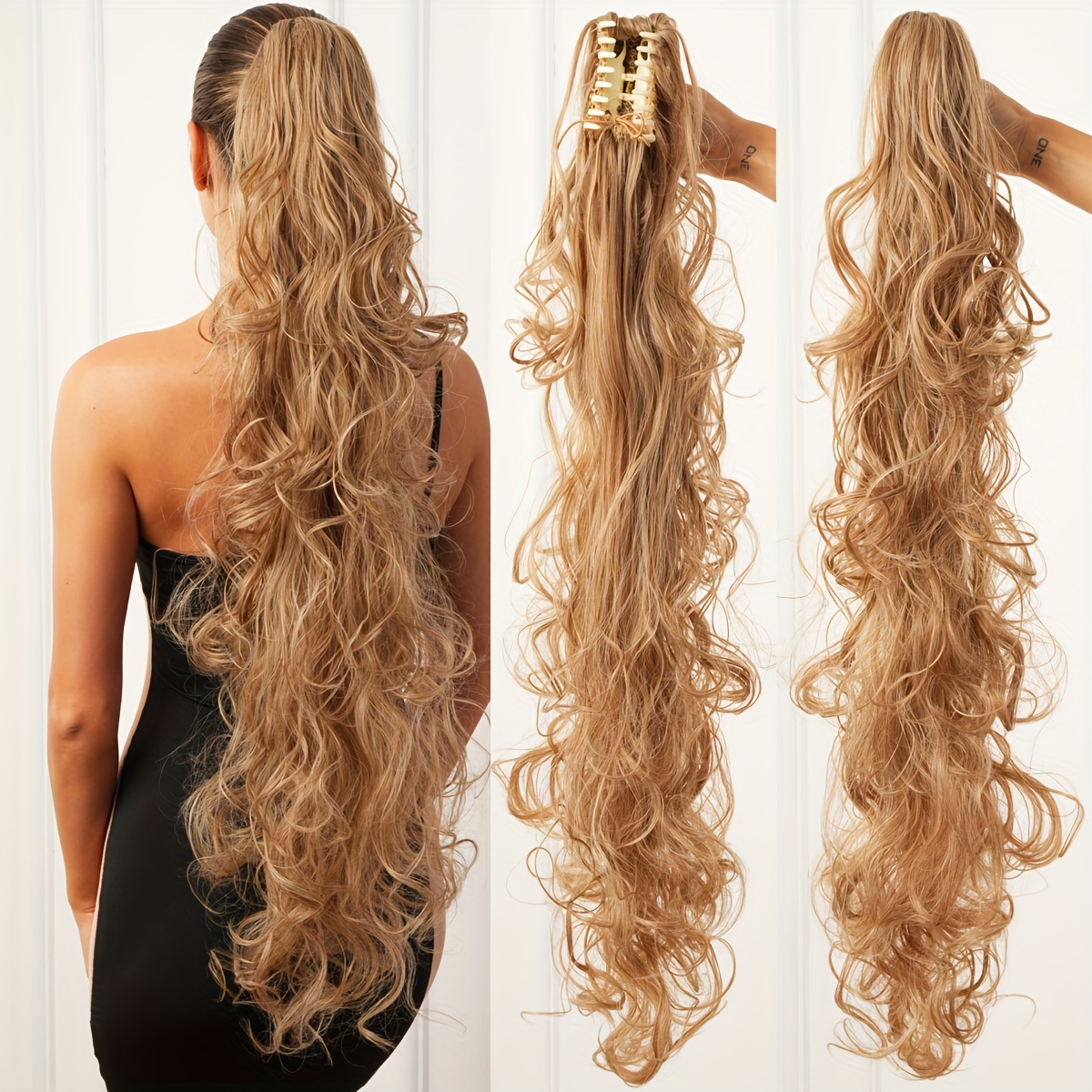 

34" Wheaten Blonde Body Wave Ponytail Extension - Heat Resistant, Claw-in Curly Hairpiece For Women, Perfect For Daily Wear & Parties