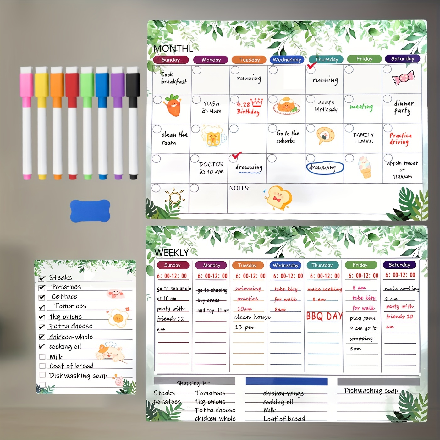 

Magnetic Dry Erase Calendar Set - Fridge Magnetic Whiteboard For Home, Monthly, Weekly, Daily Planning - Includes 3 Erasable Whiteboards, Colored Markers And Erasers For Easy Scheduling And Note-