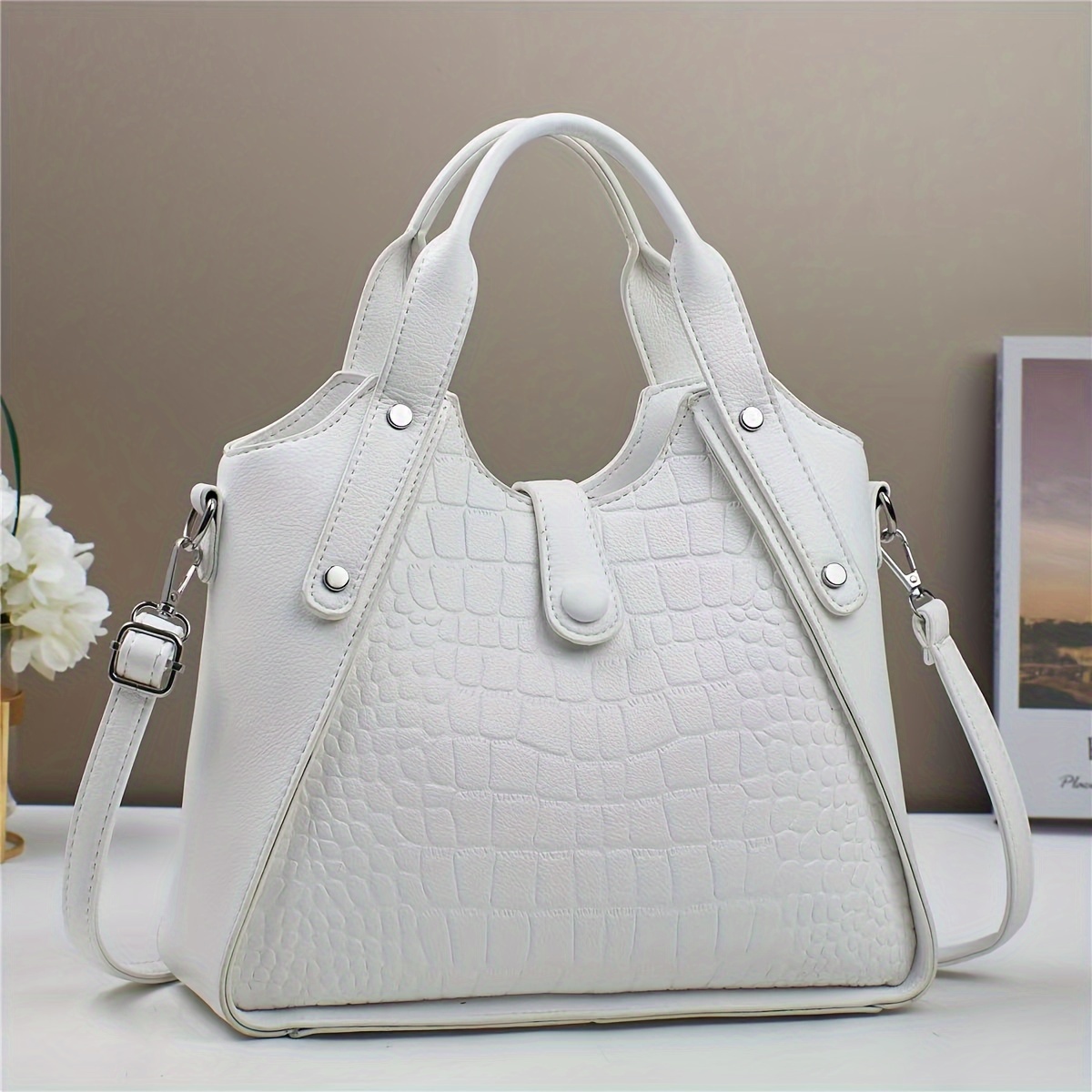 

Women's Fashion Crocodile Pattern Shoulder Bag - Casual Style Faux Leather Handbag With Zipper Closure, Polyester Lined, Adjustable Strap, Elegant Carry Design