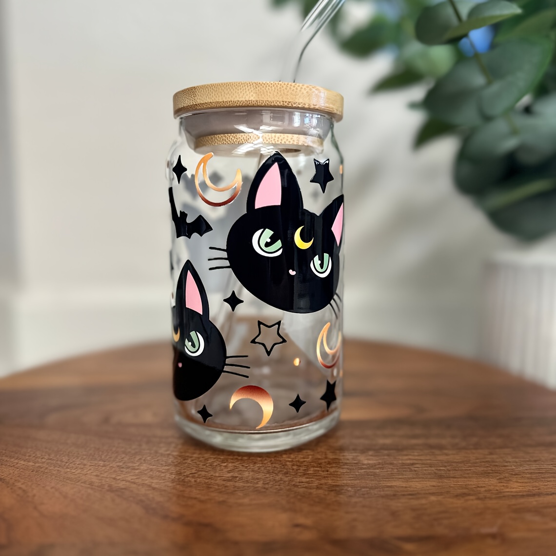 

1pc, Cute Black Cat Drinking Glass With Lid And Straw, 16oz Can Shaped Water Cup, Iced Coffee Cup, For Tea, Juice, Milk, Birthday Gifts, Drinkware