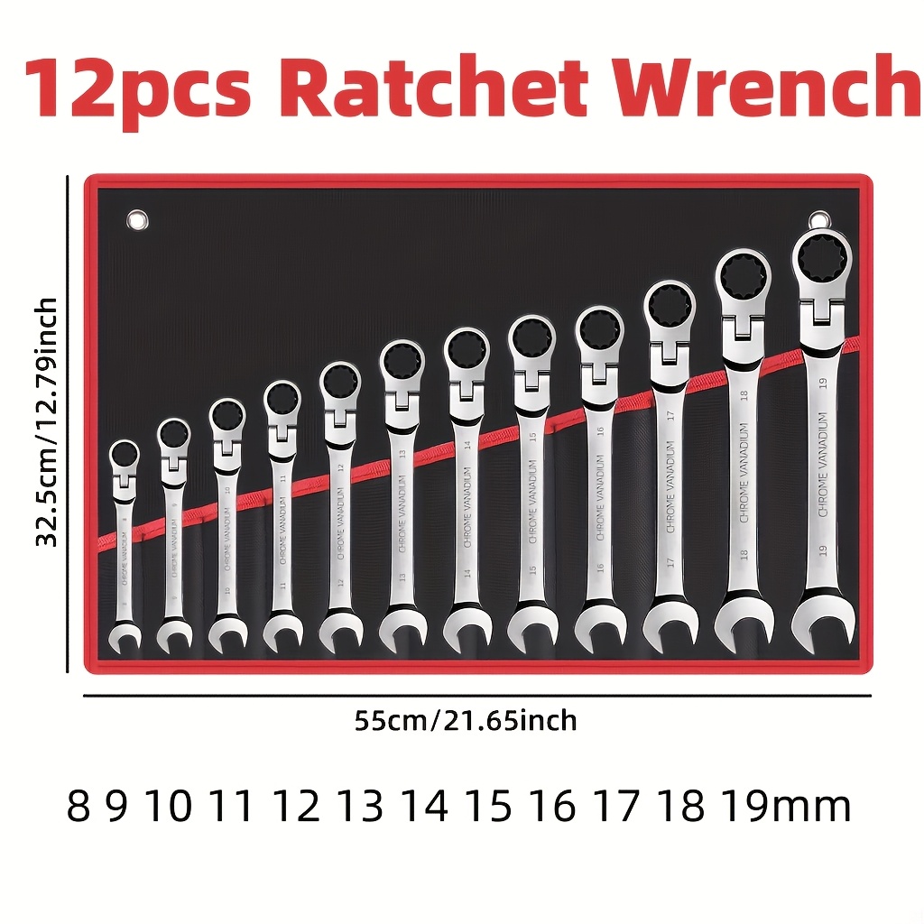 TEMU Adjustable Ratchet Wrench Set, 360° Rotating Flexible (8mm-19mm), 72-tooth Bidirectional Ratchet, Chromium-vanadium Steel Anti-corrosion Coating