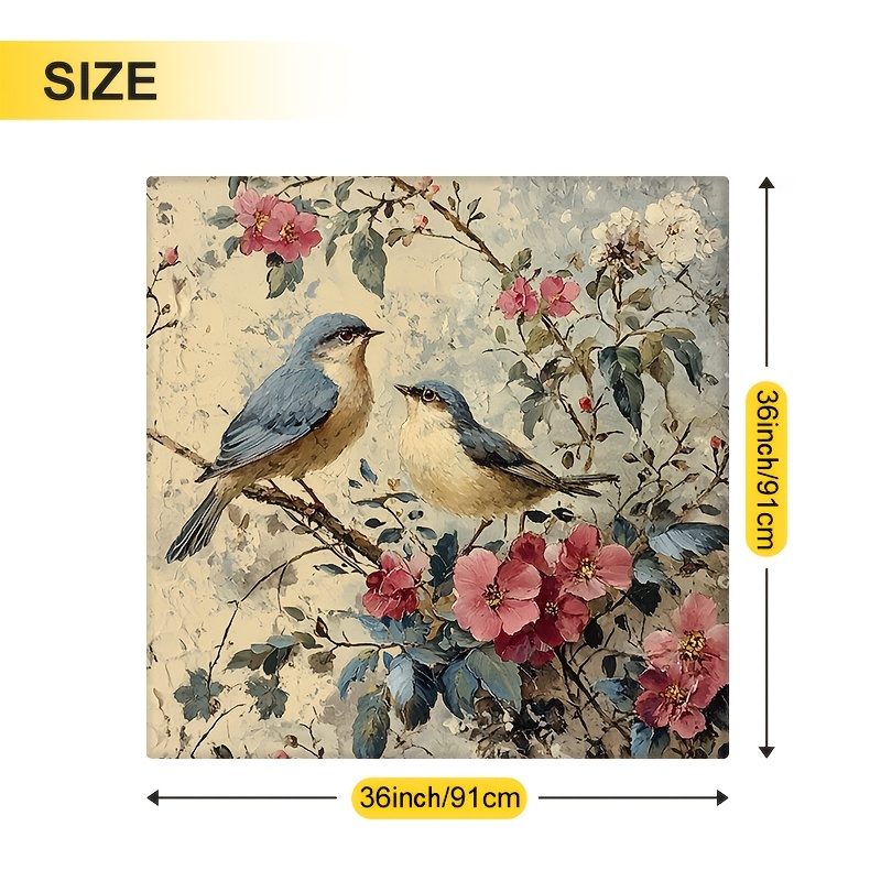 TEMU 1pc Square Stretch Tablecloth, 36x36 Inches, Vintage Floral And Bird Pattern, Polyester Wipeable, Suitable For Home Kitchen Parties Weddings