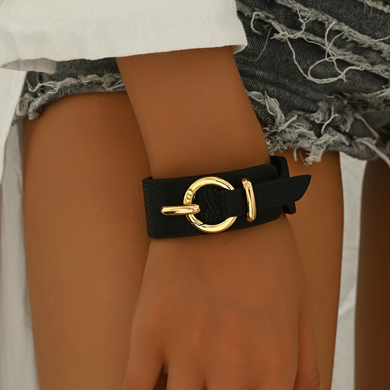 

Elegant Adjustable Pu Leather Bracelet For Women - Chic Geometric Open Cuff With Golden-tone , Black, Casual Attire Or Parties, Vintage Pu Leather Bracelet