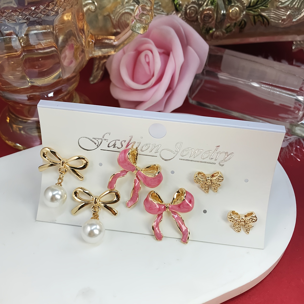 

3 Pairs Elegant 18k Golden Plated Zinc Alloy Bow Earrings With Pearls And Enamel Accents, Cute Stainless Steel Post, Party And Festival Jewelry Gift Set For Women - Valentine's Day Accessory