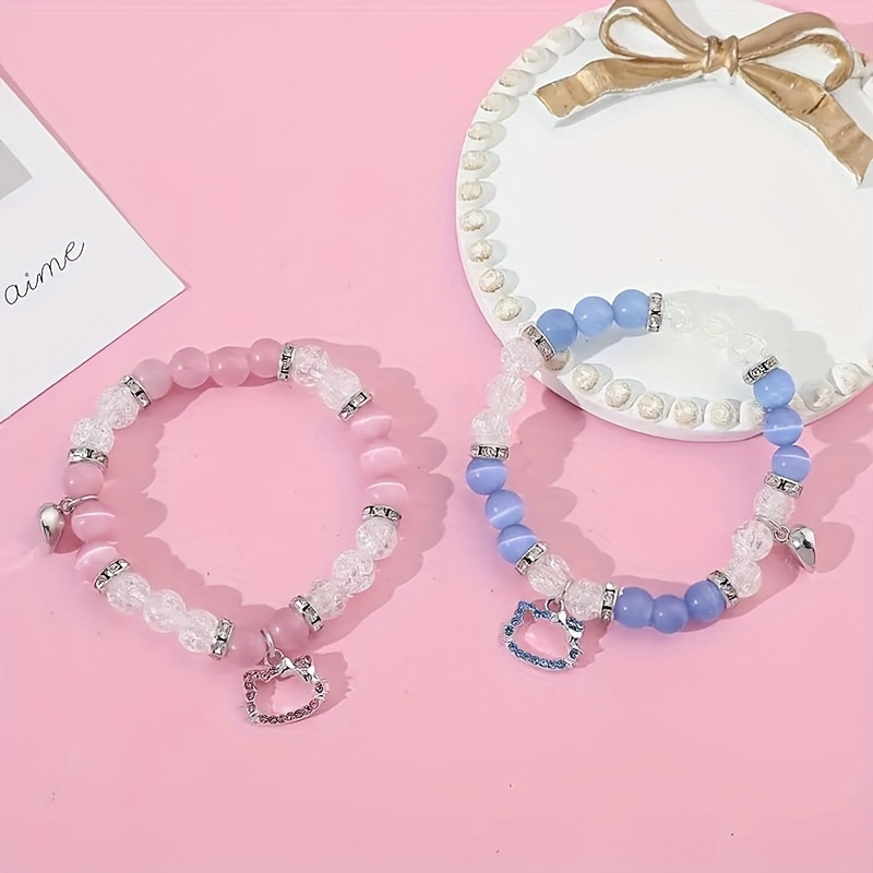 

2pcs Hello Kitty Couple Bracelets, With Heart-shaped Magnetic Clasp, Bead Bracelets, Holiday Gift