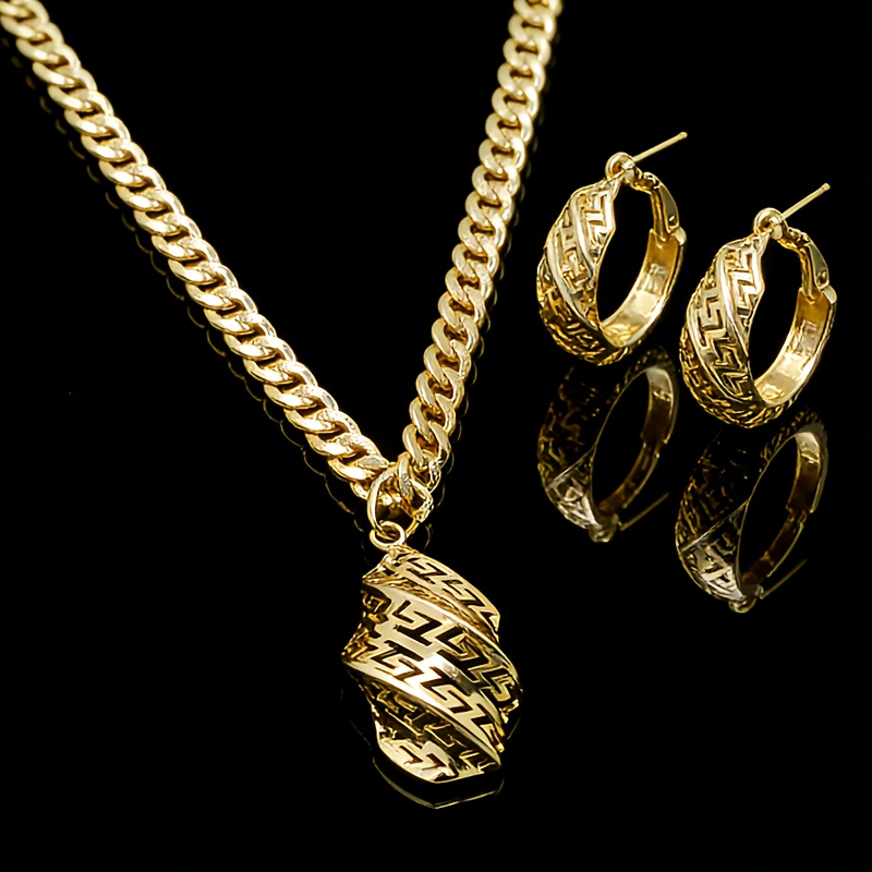 TEMU 3pcs 18k Gold-plated Women's Jewelry Set - Vintage Elegant Necklace And Earrings High-end Jewelry Set - Made Of Copper, Hypoallergenic, Perfect