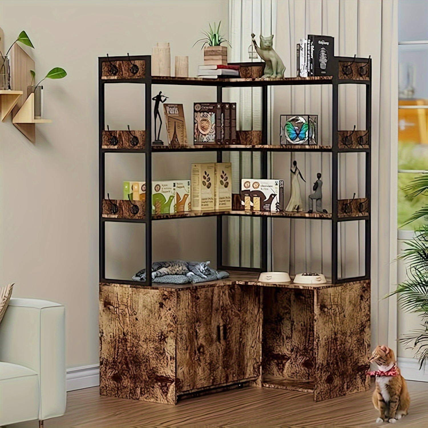 

Cat Litter Box Enclosure, Vertical Storage Rack, Large Wood Cat Litter Box Furniture Hidden With Shelves, 12 Hooks, 3-shelf Corner Bookshelf, Fit Most Of Litter Box