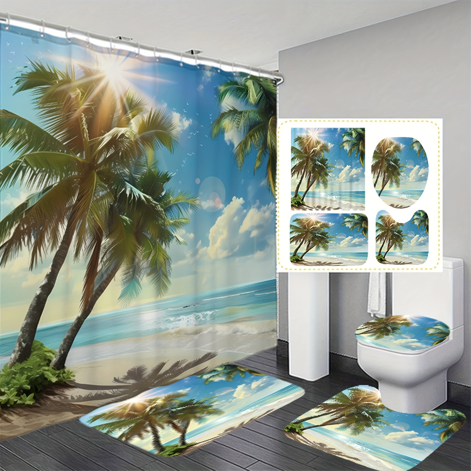 

1/3/4pcs Sunny Coconut Tree Digital Print Waterproof Shower Curtain And Carpet, Modern Home Bathroom Decor Shower Curtain With Carpet And Toilet Lid