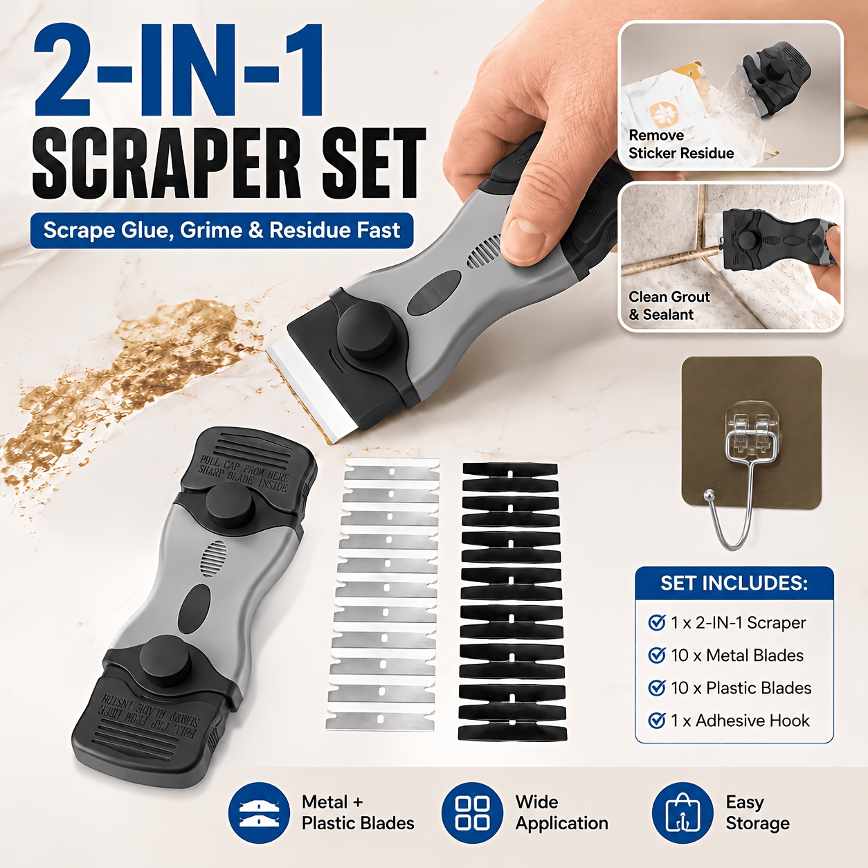TEMU 22pcs 1pc 2-in-1 Scraper Tool Set, Dual-head Glass And Stove Cleaning Scrapers, Including 10pcs Metal , 10pcs Plastic And 1pc Storage Hook,