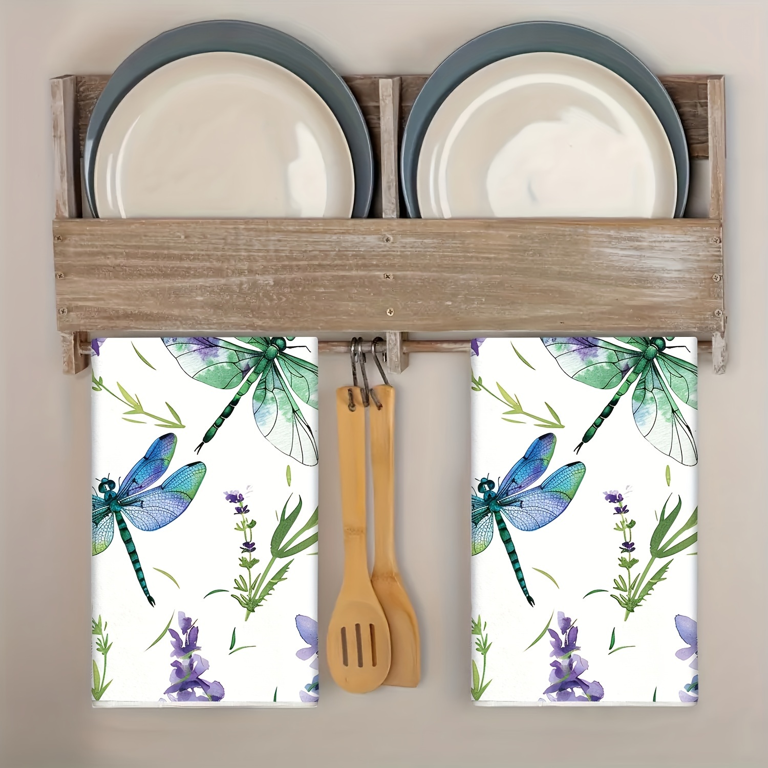 TEMU 2-pack Contemporary Microfiber Kitchen Dish Towels - Dragonfly & Lavender Pattern, Woven Polyester Dish Cloths, Super Soft, Fade-resistant,