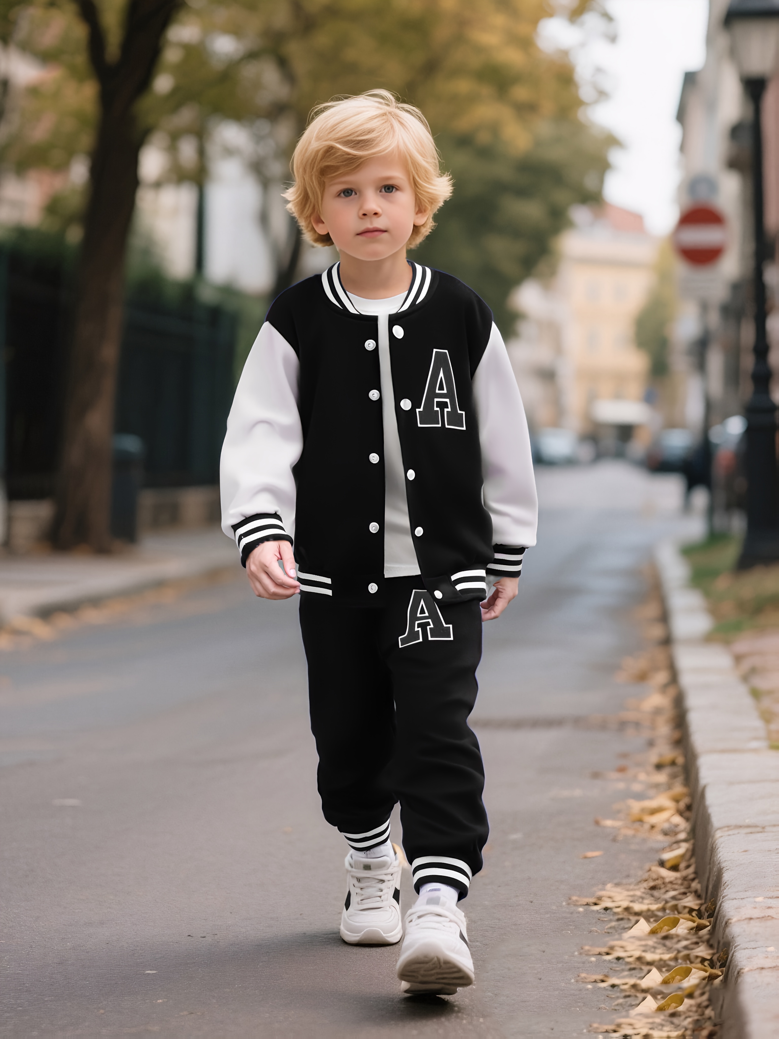 Conjunto de chándal de béisbol de punto casual para niños de  otoño e invierno con larga y cuello y pantalones que se