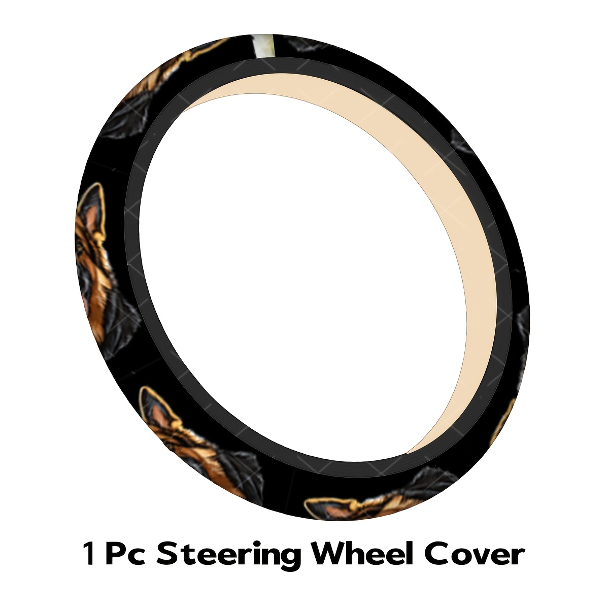 TEMU Adorable Smiling German Shepherd Steering Wheel Cover, Cute German Shepherd Dog Black Background, Touch, Non-slip , No , Auto Interior Decor,