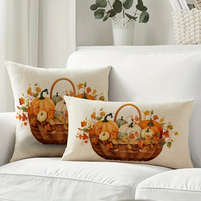 

Autumn Maple & Pumpkin Throw Pillow Cover - Farmhouse Thanksgiving Decor, Zippered Polyester Cushion Case For Sofa And Bedroom, 12x20 Or 18x18 Inches - No Insert Included